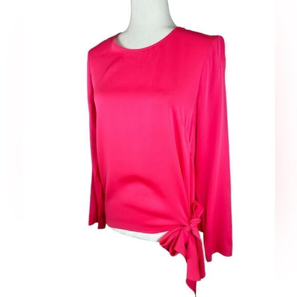 Milly Of New York Gorgeous Hot Pink Silk Tie Front Long Sleeve Blouse - Picture 2 of 7